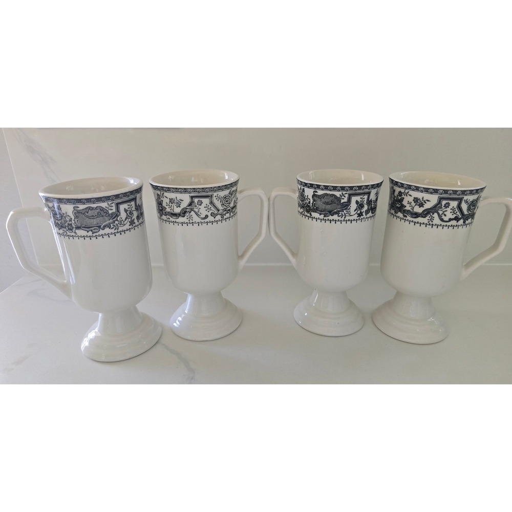 Walker China Vintage Footed Coffee Mugs Set of 4 Black White Floral Toile USA